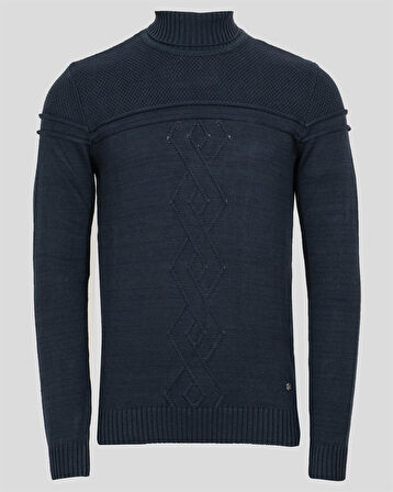Erkek Triko Tam Boğazlı Örgü Desenli Lacivert Slim Fit Kazak NCS JEANS 3659 