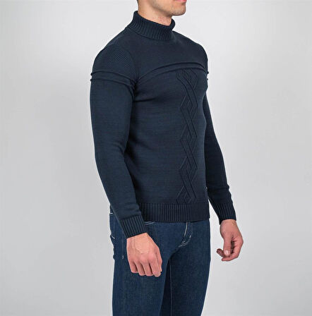 Erkek Triko Tam Boğazlı Örgü Desenli Lacivert Slim Fit Kazak NCS JEANS 3659 