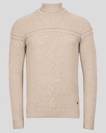 Erkek Triko Tam Boğazlı Örgü Desenli Bej Slim Fit Kazak NCS JEANS 3659