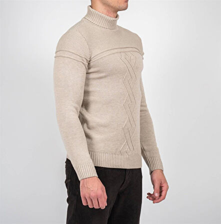 Erkek Triko Tam Boğazlı Örgü Desenli Bej Slim Fit Kazak NCS JEANS 3659