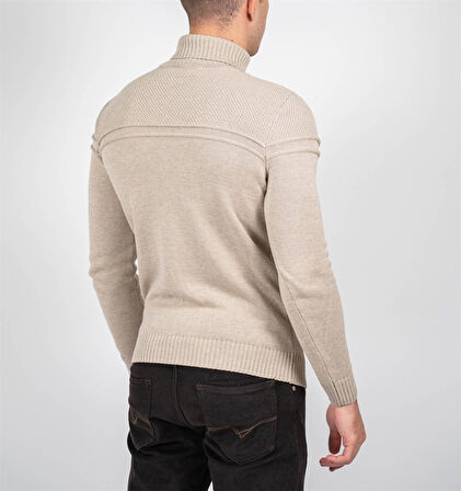 Erkek Triko Tam Boğazlı Örgü Desenli Bej Slim Fit Kazak NCS JEANS 3659