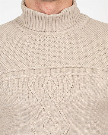 Erkek Triko Tam Boğazlı Örgü Desenli Bej Slim Fit Kazak NCS JEANS 3659