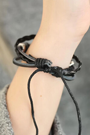 HEYF Siyah Renk Fatma Ana Eli Tasarım Çoklu Deri Bayan Bileklik