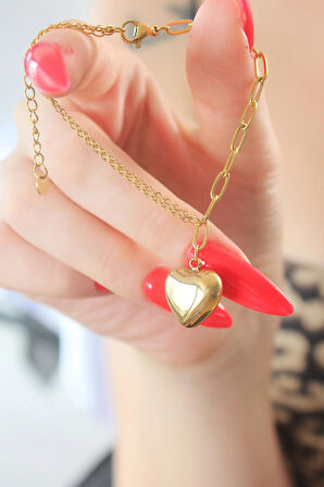 HEYF 316L Çelik Gold Renk Zincir Model Kalp Figür Kadın Bileklik