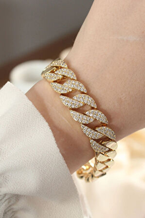 HEYF Vip Seri Pirinç Ortası Zirkon Taşlı Gold Renk Gurmet Bileklik