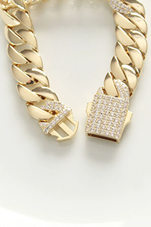 HEYF Vip Seri Pirinç Ortası Zirkon Taşlı Gold Renk Gurmet Bileklik