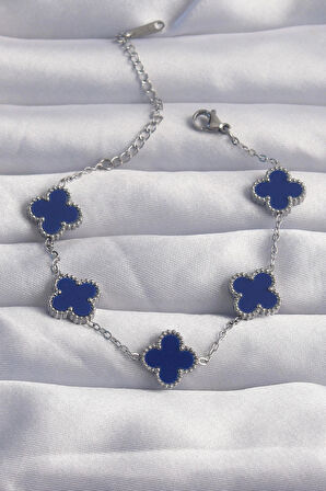 HEYF 316L Çelik Gümüş Renk Mavi Mineli Yonca Bileklik