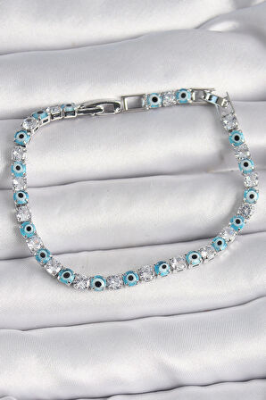 HEYF Pirinç Gümüş Renk Su Yolu Zirkon Taşlı Nazar Boncuklu Kadın Bileklik