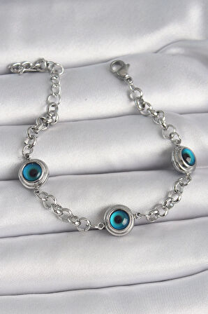 HEYF 316L Çelik Gümüş Renk Zincir Model Nazar Boncuklu Kadın Bileklik