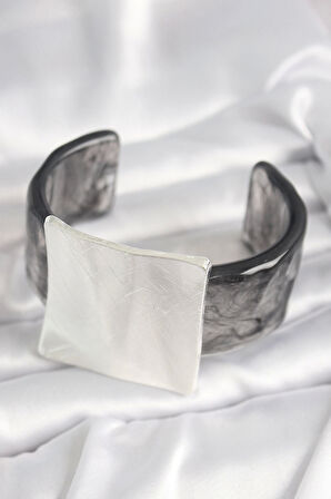 HEYF Siyah Mermer Desen Akrilik Plastik Gümüş Kare Plaka Model Vintage Kadın Bilezik