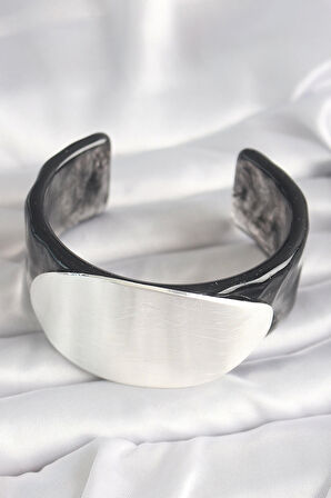 HEYF Siyah Mermer Desen Akrilik Plastik Gümüş Oval Plaka Model Vintage Kadın Bilezik