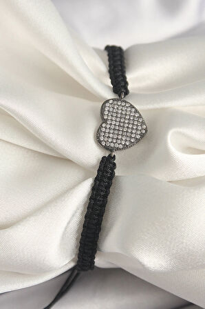 HEYF Pirinç Füme Renk Zirkon Taşlı Kalp Figür Asansörlü Makrome Model Kadın Bileklik