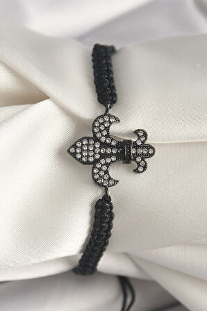 HEYF Pirinç Siyah Renk Zirkon Taşlı Zambak Figür Asansörlü Makrome Model Kadın Bileklik