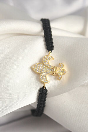 HEYF Pirinç Gold Renk Zirkon Taşlı Zambak Figür Asansörlü Makrome Model Kadın Bileklik