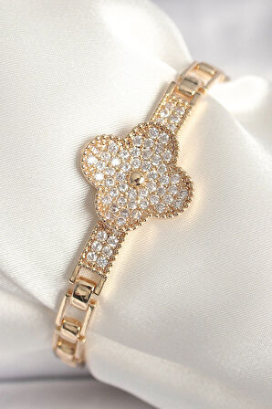 HEYF Pirinç Gold Renk Zirkon Taşlı Yonca Model Kadın Bileklik