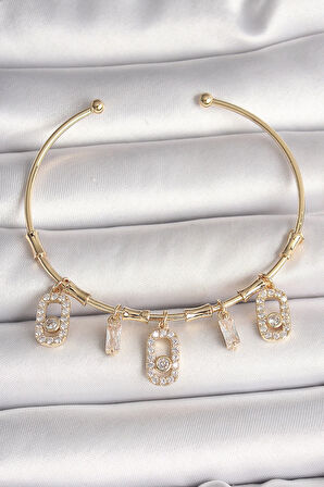 HEYF Pirinç Gold Renk Sallantı Zirkon Taşlı Messika Figür Charm Kadın Bileklik