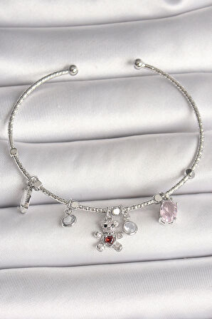 HEYF Pirinç Gümüş Renk Sallantı Zirkon Taşlı Ayıcık Figür Kırmızı Taş Detay Charm Kadın Bileklik