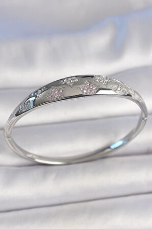 HEYF Pirinç Gümüş Renk Zirkon Taşlı Yıldız İşlemeli Kadın Kelepçe