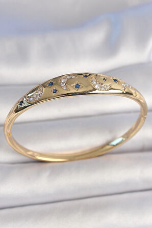 HEYF Pirinç Gold Renk Zirkon Taşlı Hilal İşleme Mavi Taşlı Yıldız Detay Kadın Kelepçe