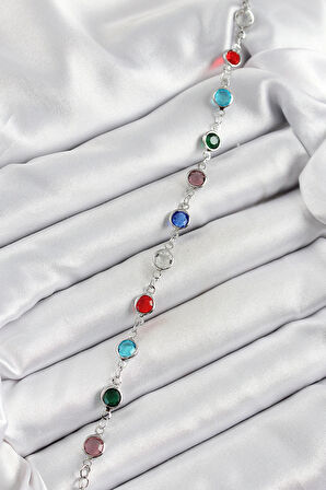 HEYF Pirinç Gümüş Renk Karışık Renk Zirkon Taşlı Kadın Bileklik