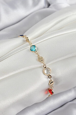 HEYF Pirinç Karışık Renk Zirkon Taşlı Gold Renk Kadın Bileklik