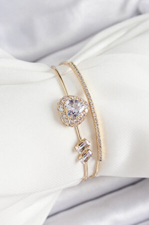 HEYF Pirinç Gold Renk Kalpli Zirkon Taşlı Kadın Bileklik