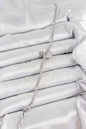 HEYF Pirinç Gümüş Renk Zirkon Taşlı Kuğu Model Kadın Bileklik