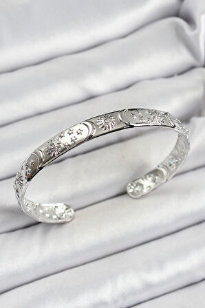 HEYF Pirinç Gümüş Renk İşlemeli Altı Açık Bileklik