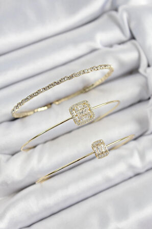 HEYF Pirinç Zirkon Taşlı Baget Model Gold Renk Vip 3'lü Kadın Bileklik