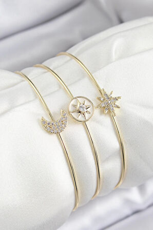 HEYF Pirinç Zirkon Taşlı Ay Ve Kutup Yıldızı Model Gold Renk Vip 3'lü Kadın Bileklik