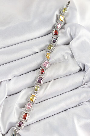 HEYF Pirinç Karışık Zirkon Taşlı Baget Model Gümüş Renk VIP Seri Kadın Bileklik