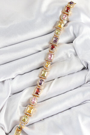 HEYF Pirinç Karışık Zirkon Taşlı Baget Model Gold Renk VIP Seri Kadın Bileklik