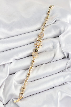 HEYF Pirinç Zirkon Taşlı Kalp Detaylı Çiçek Model Gold Renk Kadın Bileklik