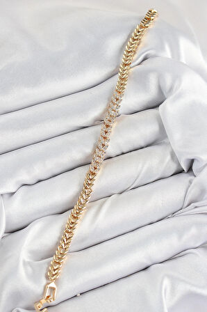 HEYF Pirinç Zirkon Taşlı Sıralı Yaprak Model Gold Renk Kadın Bileklik