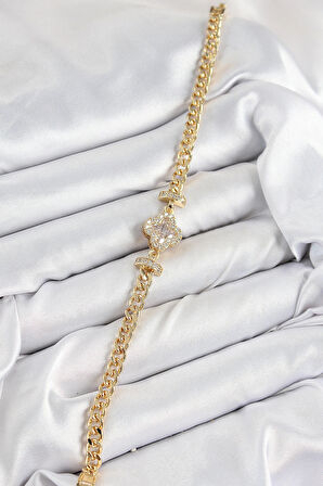 HEYF Pirinç Zirkon Taşlı Yonca Model Gold Renk Kadın Bileklik