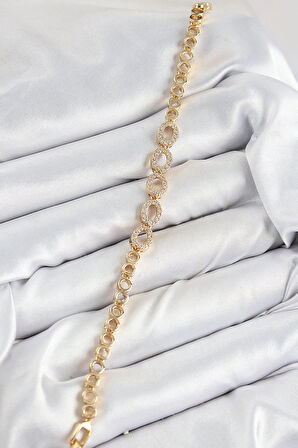 HEYF Pirinç Zirkon Taşlı Oval Model Gold Renk Kadın Bileklik