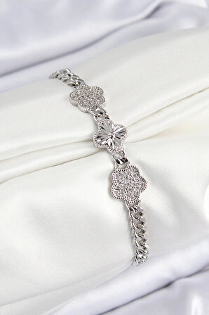 HEYF Pirinç Zirkon Taşlı Yonca Model Gümüş Renk Kadın Bileklik