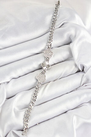 HEYF Pirinç Zirkon Taşlı Yonca Model Gümüş Renk Kadın Bileklik