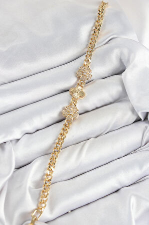 HEYF Pirinç Zirkon Taşlı Yonca Model Gold Renk Kadın Bileklik