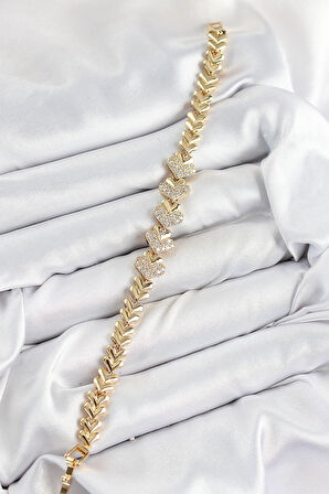 HEYF Pirinç Zirkon Taşlı Kalp Model Gold Renk Kadın Bileklik