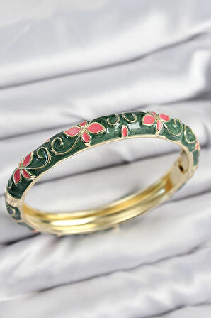 HEYF Mineli Pirinç Yeşil Çiçek Motifli Gold Kadın Kelepçe