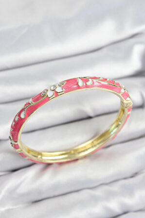 HEYF Mineli Pirinç Zirkon Taşlı Pembe Çiçek Motifli Gold Kadın Kelepçe