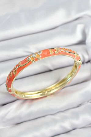 HEYF Mineli Pirinç Zirkon Taşlı Turuncu Çiçek Motifli Gold Kadın Kelepçe