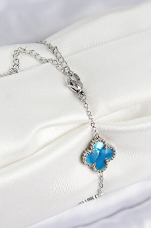 HEYF 316L Çelik Sedefli Gökyüzü Mavisi Gümüş Renk Yonca Kadın Bileklik