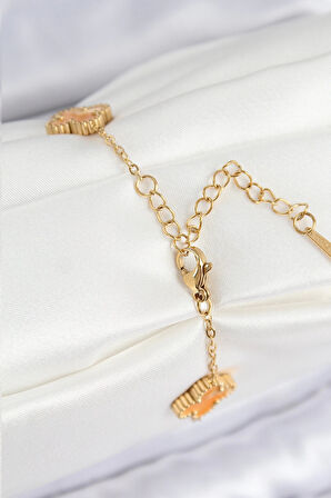 HEYF 316L Çelik Sedefli Turuncu Gold Renk Yonca Kadın Bileklik