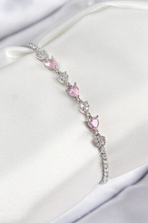 HEYF Pirinç Zirkon Taşlı Pembe Kalp Model Gümüş Renk Kadın Bileklik