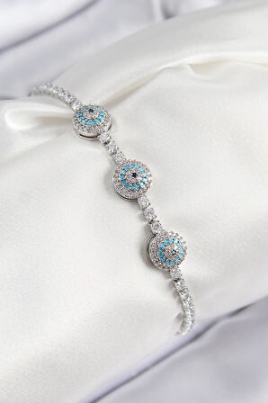 HEYF Pirinç Zirkon Taşlı Nazar Model Gümüş Renk Kadın Bileklik