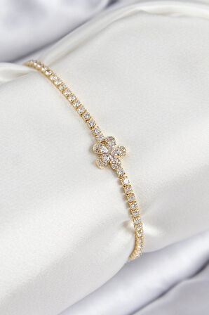 HEYF Pirinç Zirkon Taşlı Çiçek Model Gold Renk Kadın Bileklik