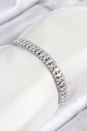 HEYF Pirinç Zirkon Taşlı Tennıs Model Gümüş Renk Asansörlü Kadın Bileklik