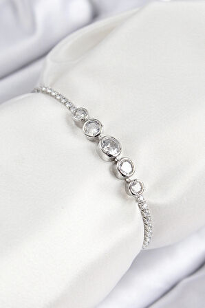 HEYF Pirinç Zirkon Taşlı Sıralı Daire Model Gümüş Renk Asansörlü Kadın Bileklik